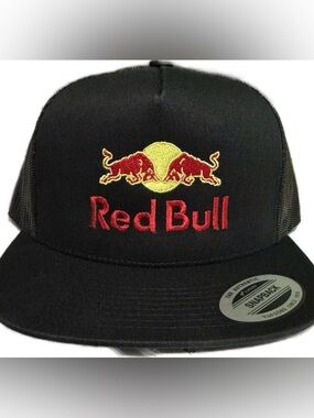 Flat Bill Red Bull on a Mesh Snapback Trucker Hat Cap